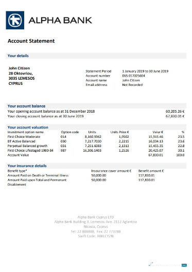 Download Cyprus Alpha bank statement word